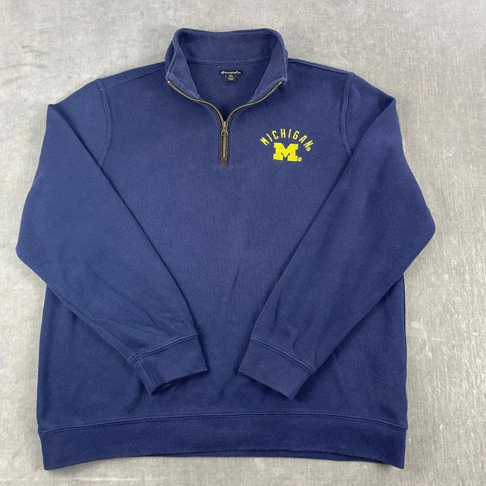 Michigan Wolverines Champion Elite Mens XL Navy Quarter Zip Pullover Sweatshirt